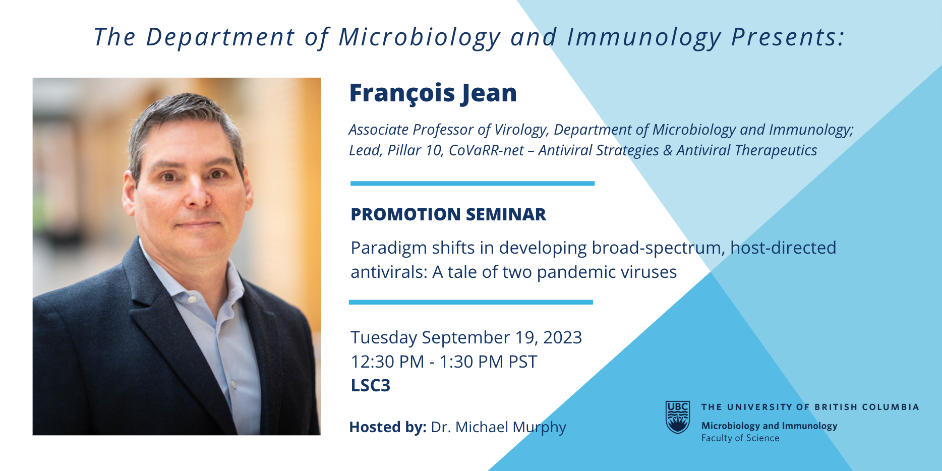 Poster promotion for Francois Jean's seminar including photo, time, location, and title.